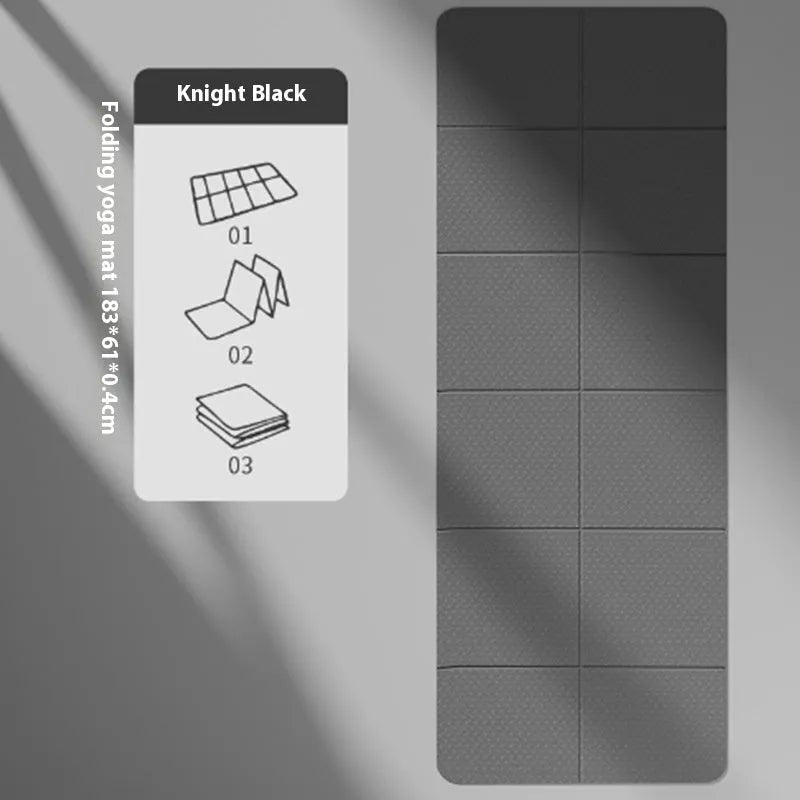 Blue foldable TPE gymnastic mat unfolded on floor showing non-slip texture and dimensions.