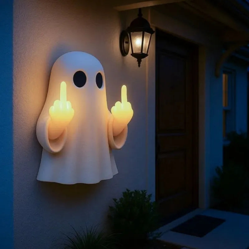 Plastic ghost statue night lamp in white with a modern simple style, 19.85cm tall, on a wooden shelf