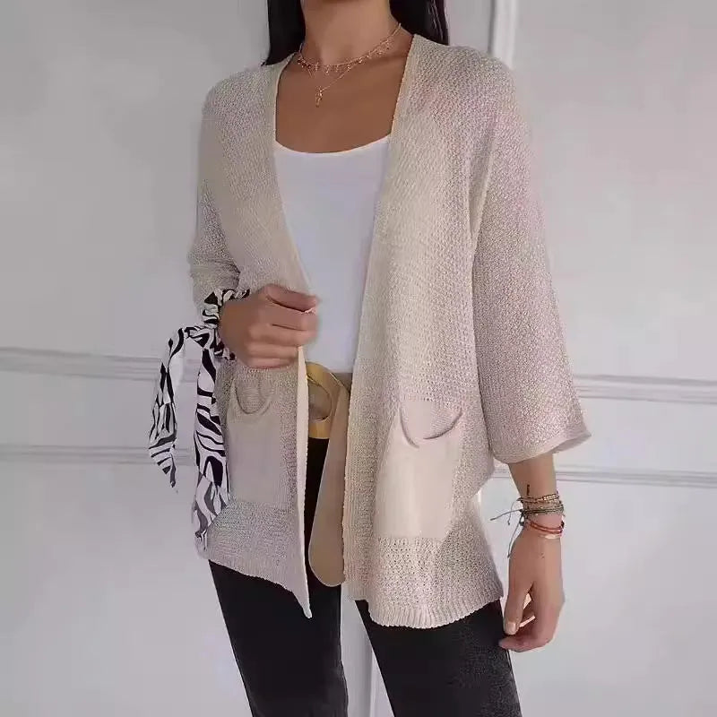 Women's waffle-textured cardigan coat with nine-quarter sleeves in army green colour