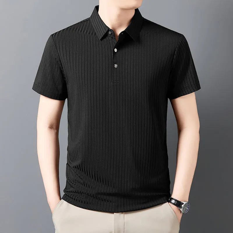 Men's ice silk cut-out lapel polo shirt with stripe pattern in light green – loose fit business casual top
