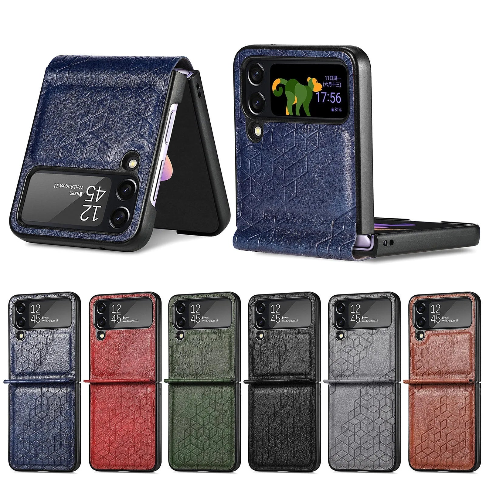 Samsung Z Flip 4 PU leather back cover with rhombus pattern in black, brown, blue, green, and red