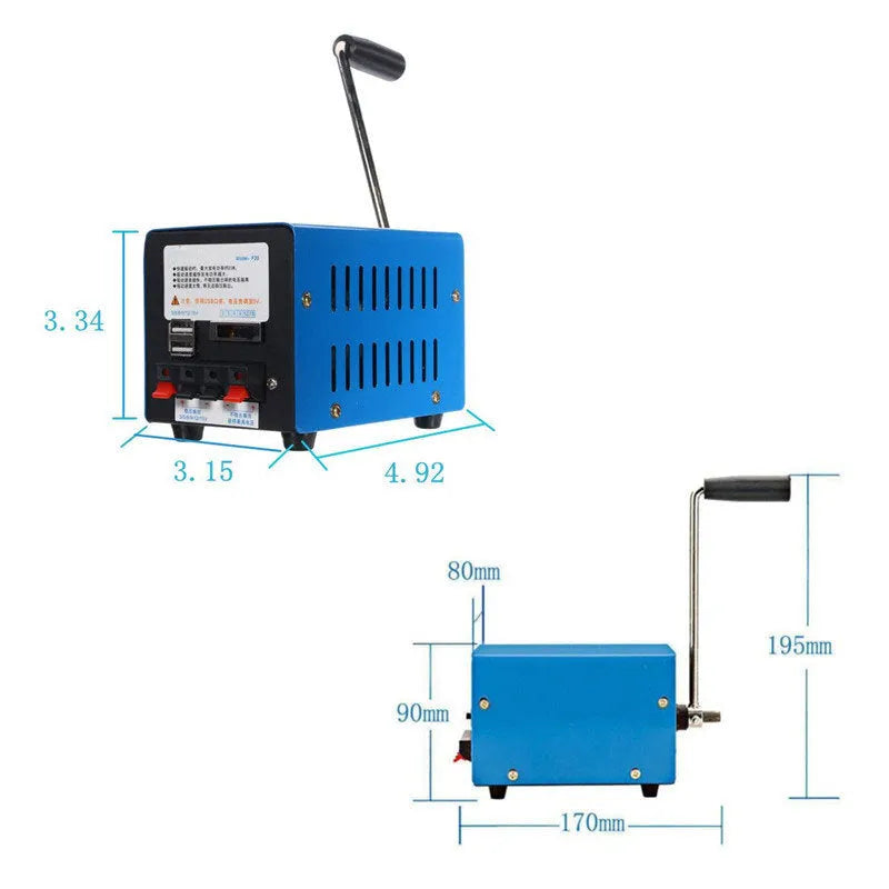 Blue metal USB emergency hand crank generator showing voltage selection panel and compact 125mm size