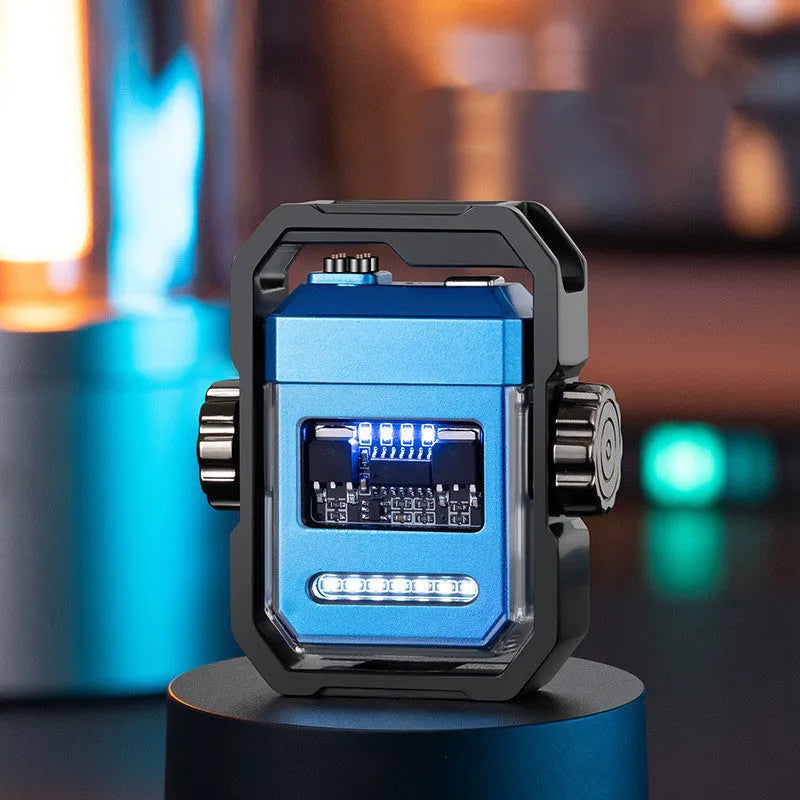Blue Pulse double arc electric lighter unfolded, showing glowing arcs and mechanical gyroscope.