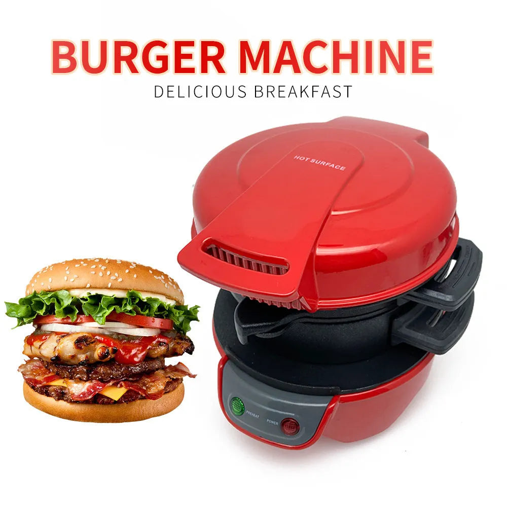 Bright red household breakfast machine with sandwich maker, egg cooker ring, and waffle functions