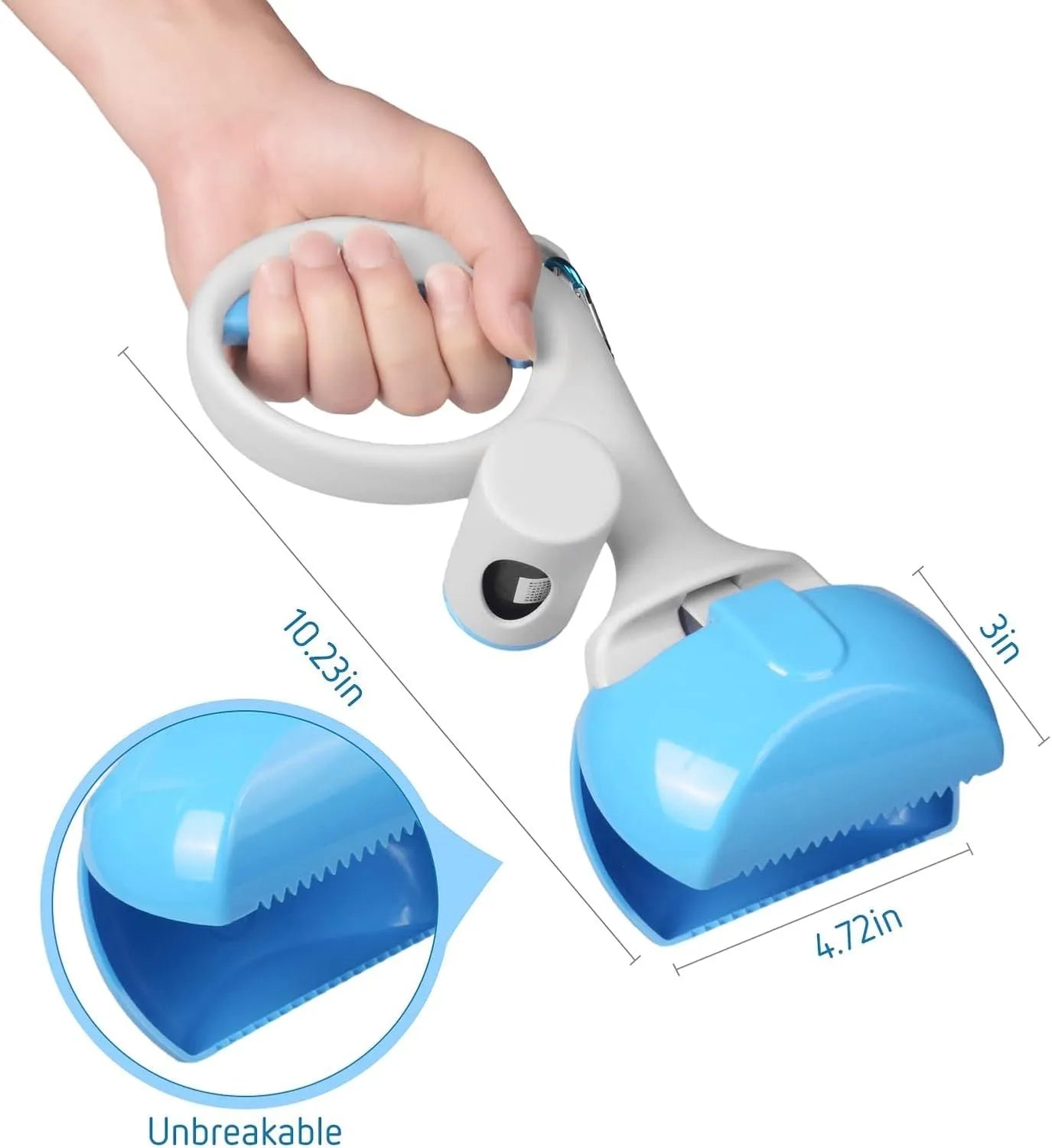 Blue pet pooper scooper with integrated trash bag holder and top carry hook.
