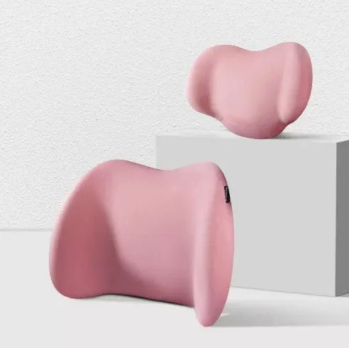 Car headrest, neck support, and waist cushion set made from memory cotton foam in black, green, grey, or pink.