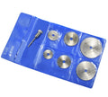 Set of six small circular saw blades and a mandrel for a mini rotary tool on a white background.