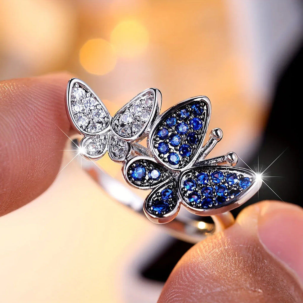 Blue and white butterfly ring for women in electroplated copper with wing design