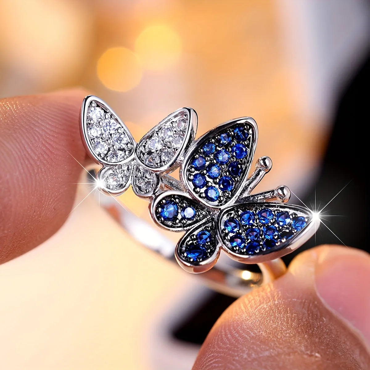 Blue and white butterfly ring for women in electroplated copper with wing design