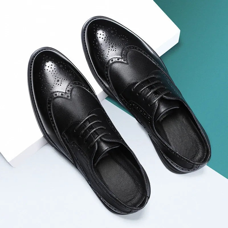 Men's black and brown brogue shoes with business styling and PU leather upper