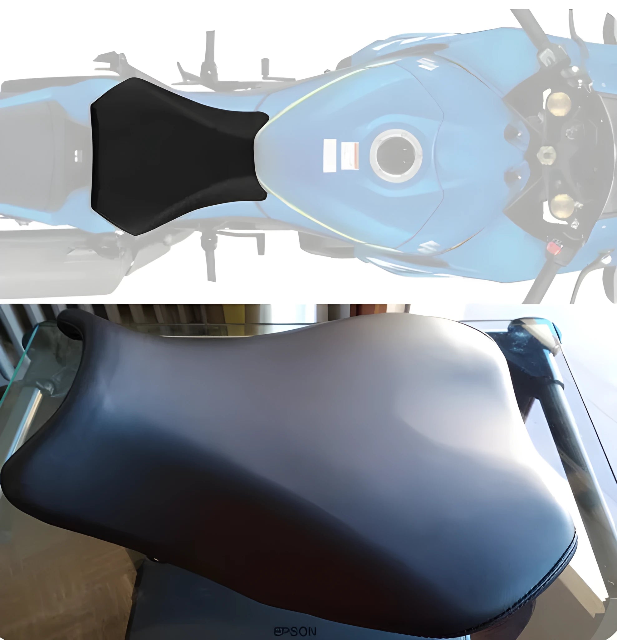 Suzuki GSXR1000 black PU leather seat cover protecting front and rear motorcycle seats.