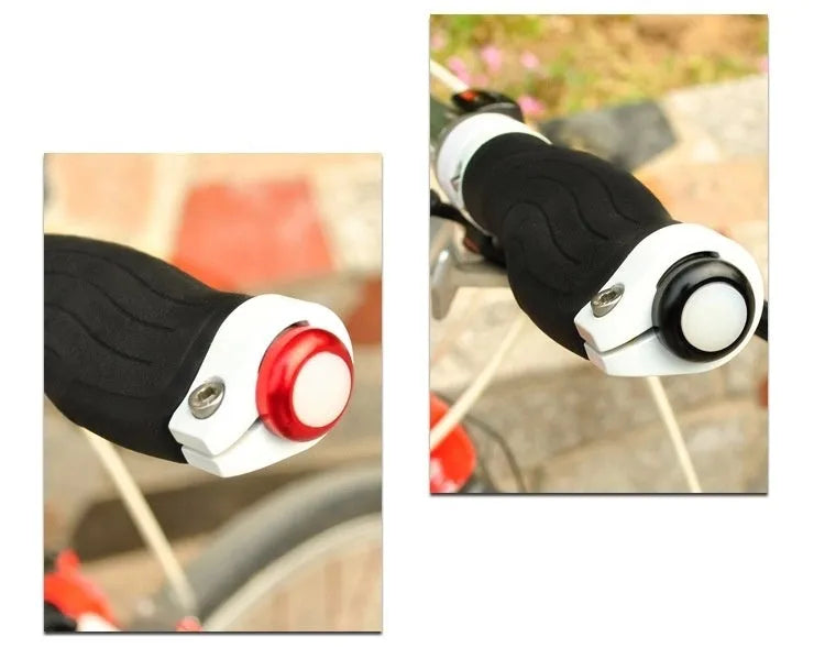 A pair of anodised aluminium bicycle handlebar safety lights in a choice of colours, showing the LED lens and mounting nut.