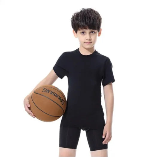 Kids sportswear set including t-shirts, shorts, and trousers in polyester spandex fabric