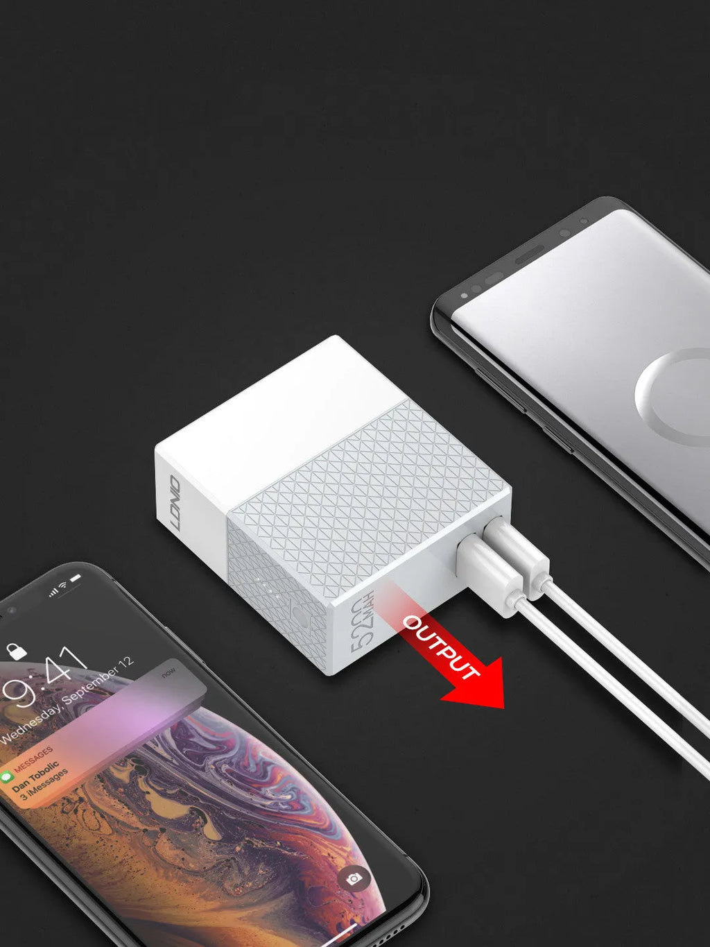 White two-in-one power bank charger with folding plug, showing compact cylindrical design.