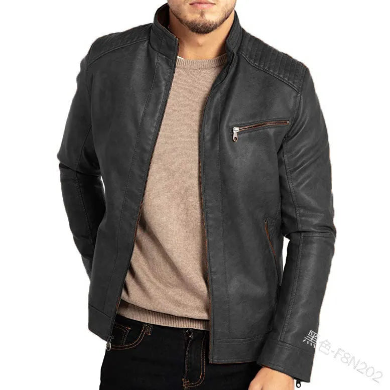 Men's brown artificial leather punk motorcycle jacket with a stand collar and straight hem