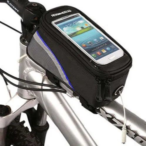 ROSWHEEL black PVC bicycle frame bag for mobile phone mounted on a bike.