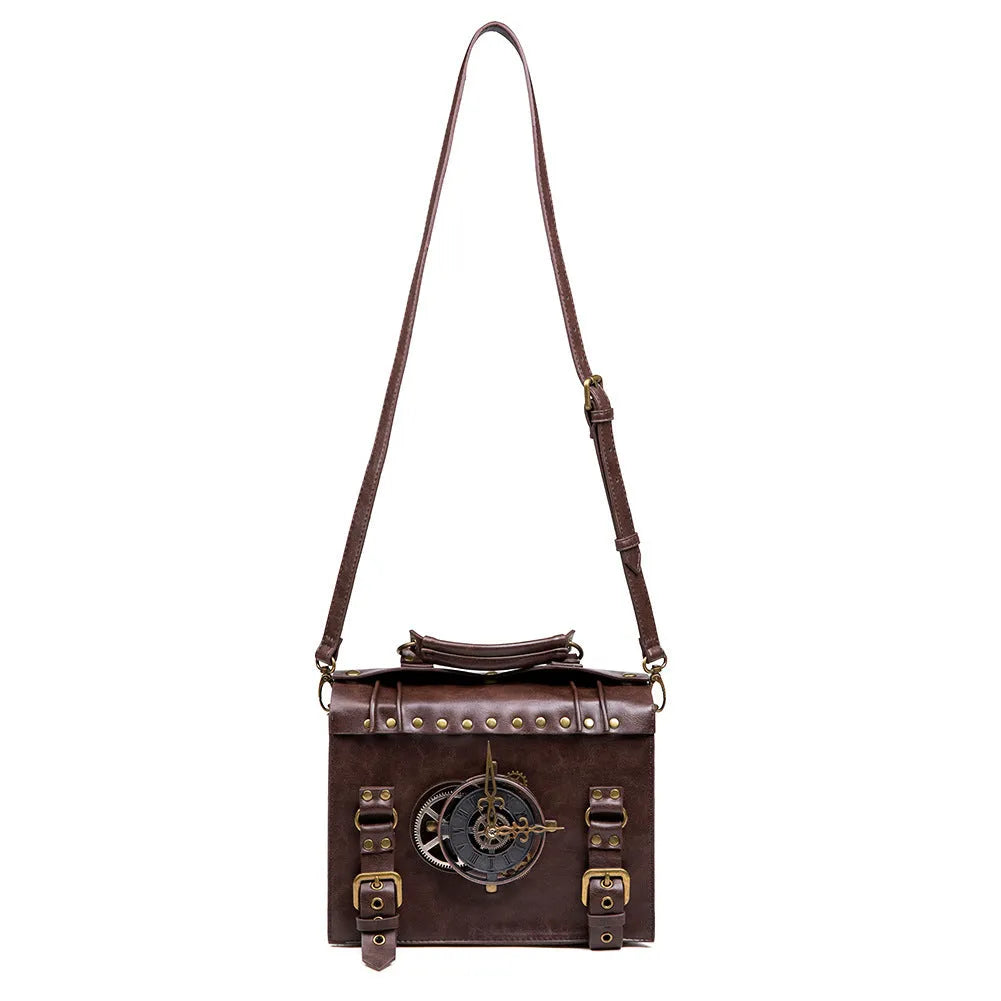 Bronze steampunk industrial retro style shoulder bag with horizontal pillow design and metal decorative elements