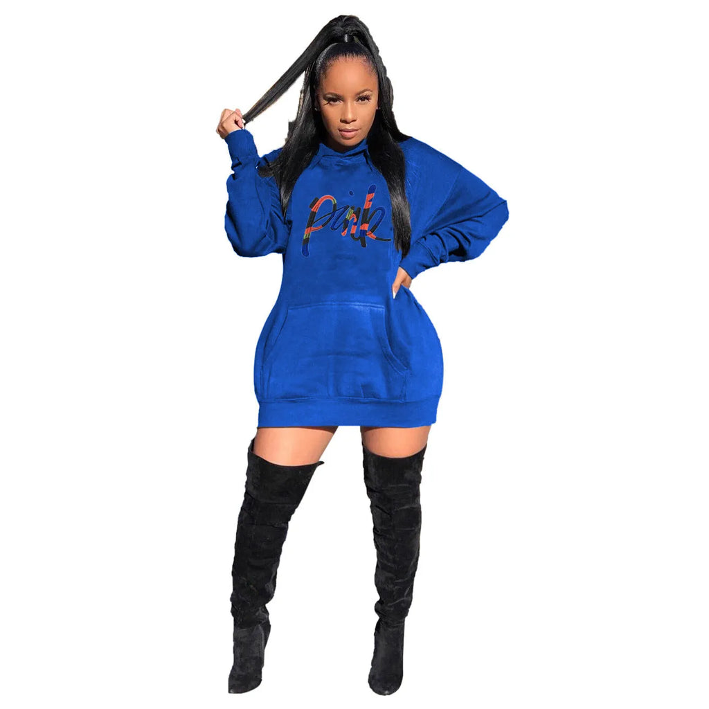 Casual solid colour embroidered letter bat sleeve hooded dress in blue against white background