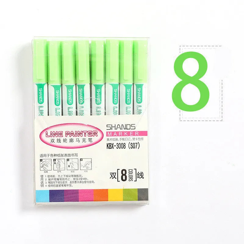 Set of eight multicolor plastic highlighters with assorted refill colours, 1mm tip, 140mm length