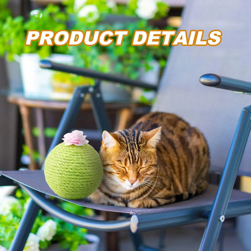 Green cactus-shaped cat scratcher with rolling ball and sisal tree tower for indoor feline play