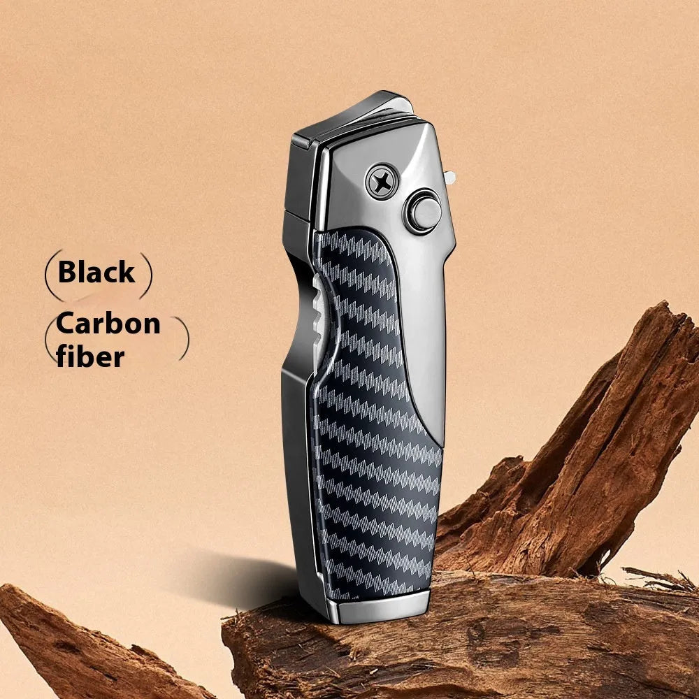 Zinc alloy metal folding lighter tool with integrated knife, shown in a carbon fibre finish.