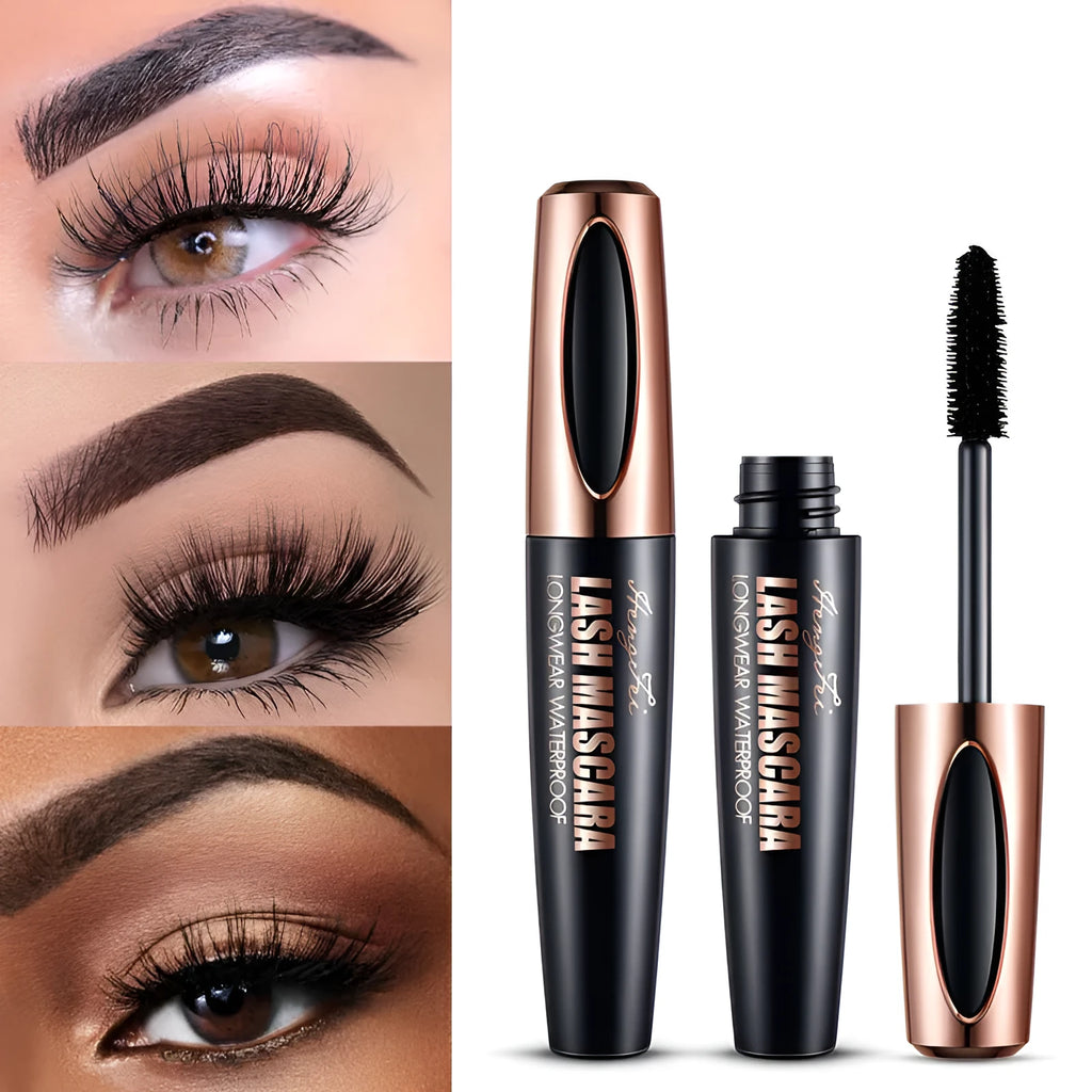 Black waterproof and sweat-proof mascara tube for thick, long, curled lashes that resist smudging.