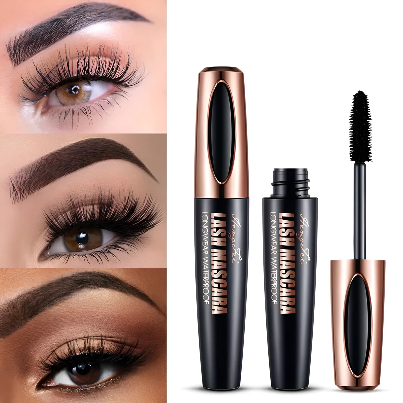 Black waterproof and sweat-proof mascara tube for thick, long, curled lashes that resist smudging.
