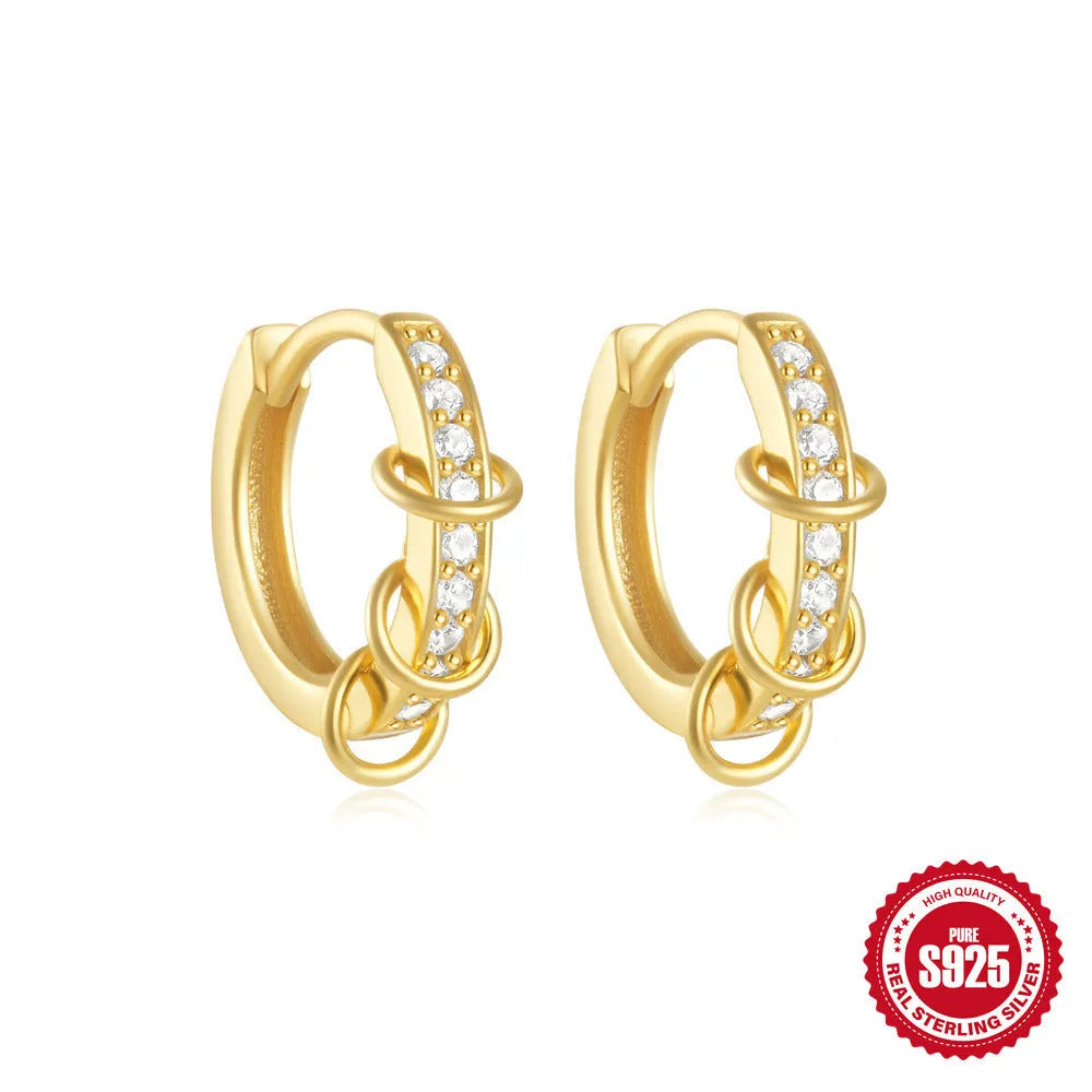 Small round geometric sterling silver stud earrings with diamond accents in gold or silver finish