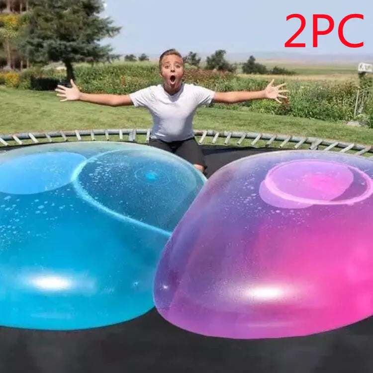 TPR inflatable ball toy in pink, yellow, green, and blue colours showing 40cm to 120cm size range