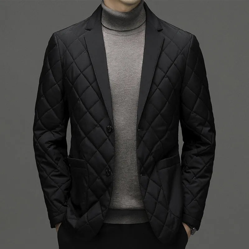 Men's black lapel down jacket with side pockets on a grey background