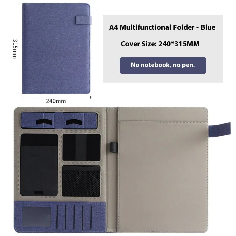 Leather A4 business folder in black, open to show 35mm thick plate and space for documents