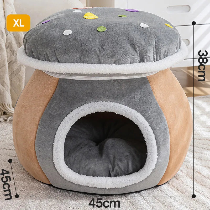 Mushroom-shaped cat nest with plush lining in grey, pink, or purple colours