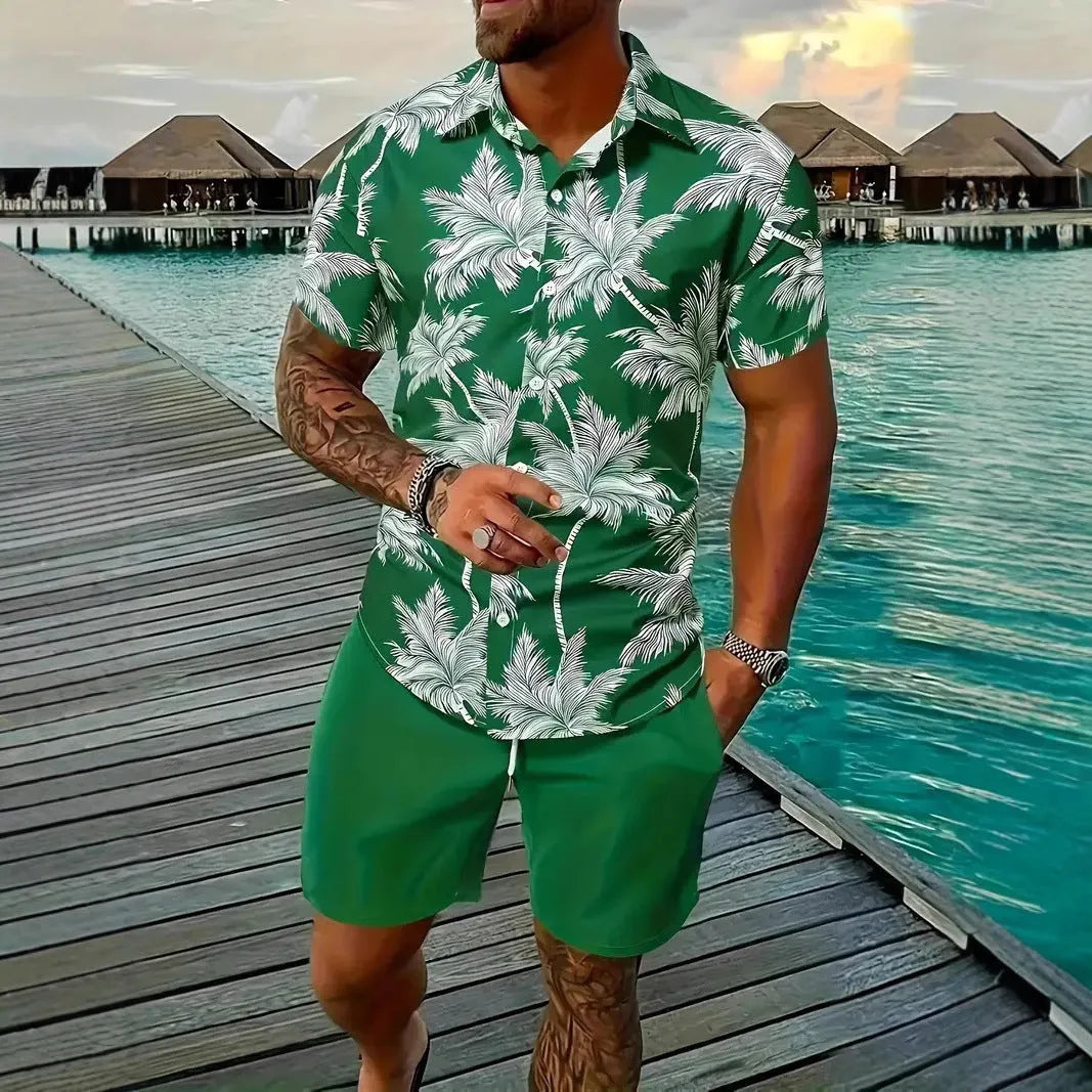 Men's 3D printed Hawaiian style short sleeve shirt and shorts set in polyester fabric.