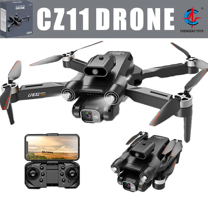 CZ11 brushless 8K HD optical flow drone with orange plastic body and quadcopter design, shown with camera lens