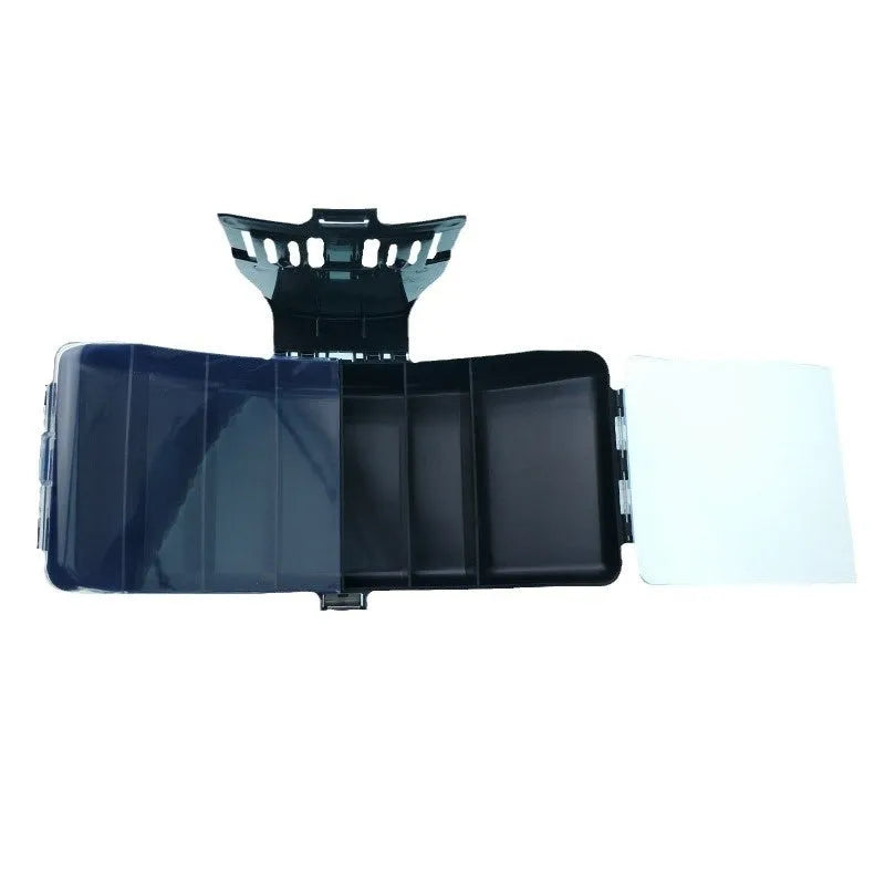 Portable folding stream fishing waist box in black plastic for lure and bait storage