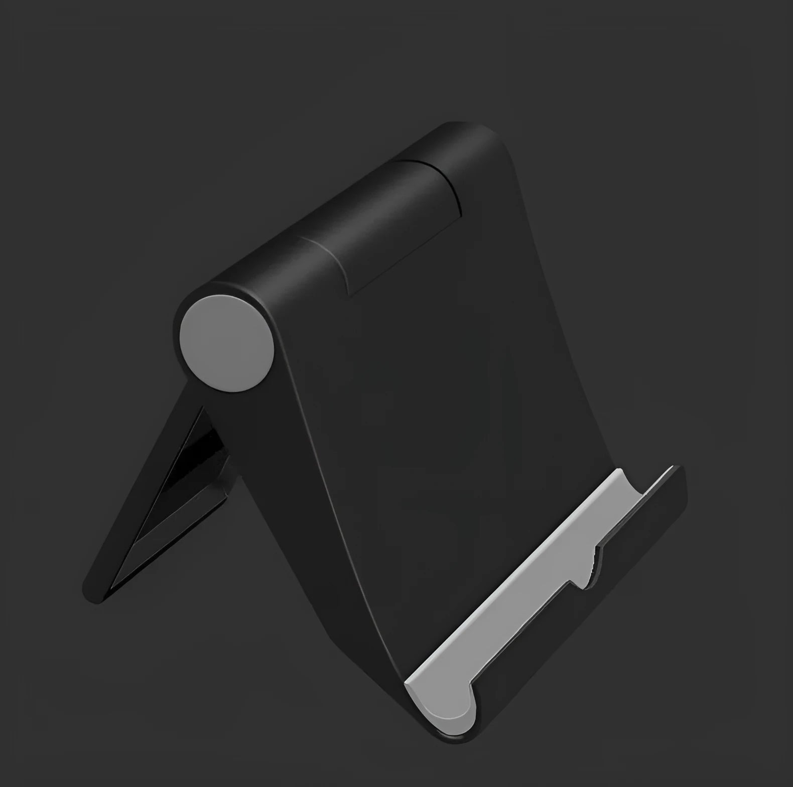Black PE folding stand holding a smartphone at an angle on a wooden table.