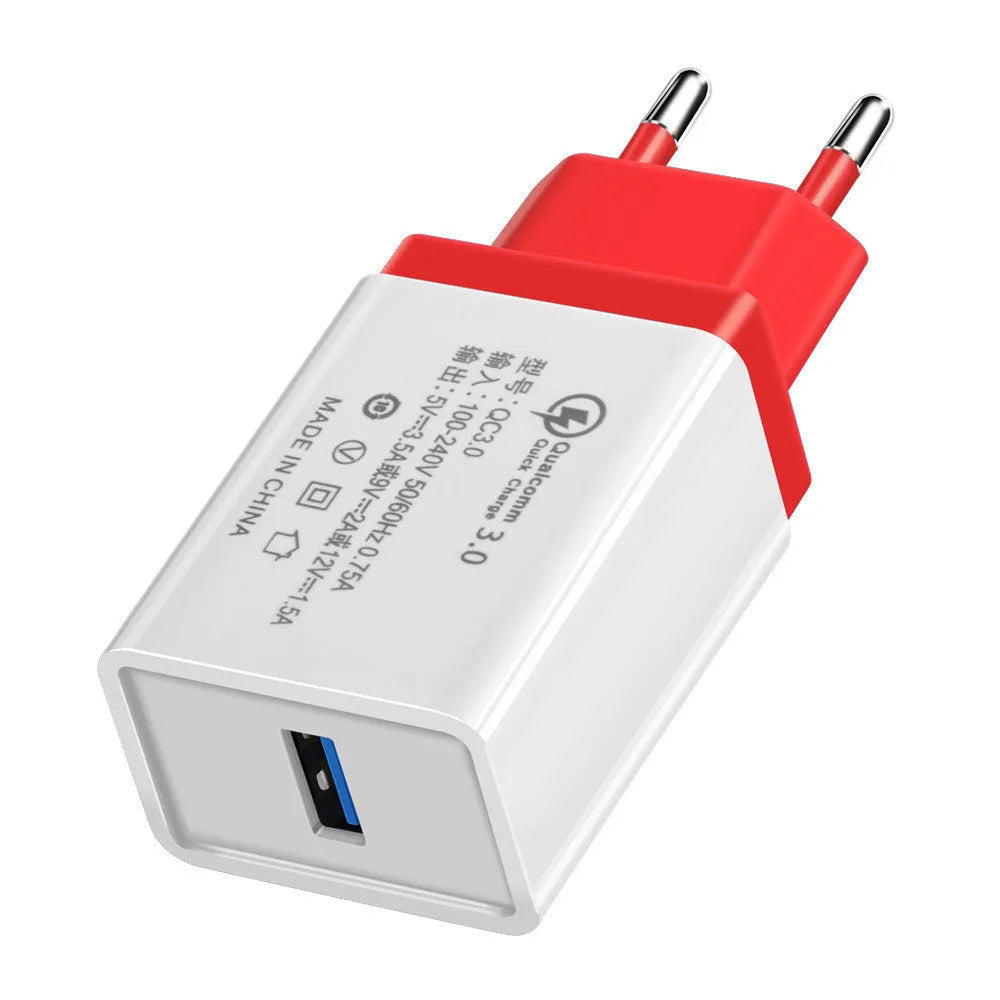 QC3.0 fast charge travel mobile phone charger in multiple colours with EU or US plug options