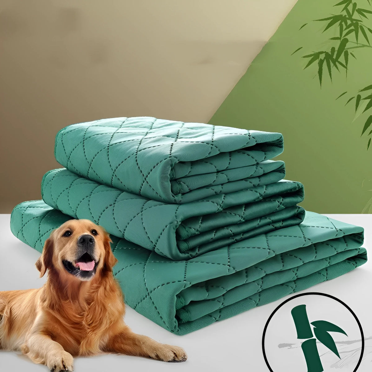 Natural bamboo fibre pet training pad in green colour, moisture-proof and deodorant, shown on a floor
