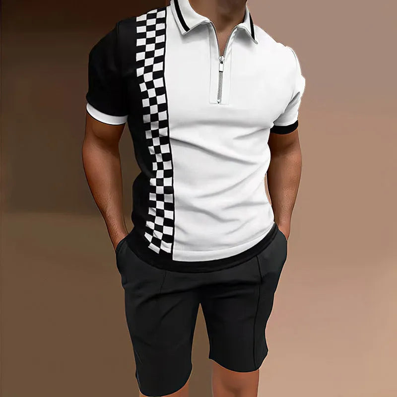 Men's printed polyester two-piece casual set with matching short sleeve top and shorts