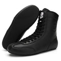 Black gold mesh professional boxing shoes with white leather accents and rubber sole