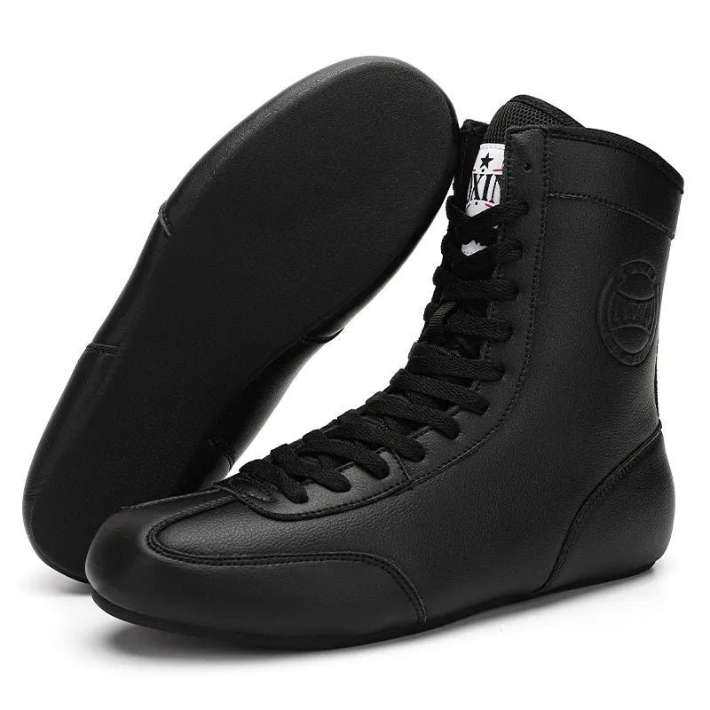 Black gold mesh professional boxing shoes with white leather accents and rubber sole