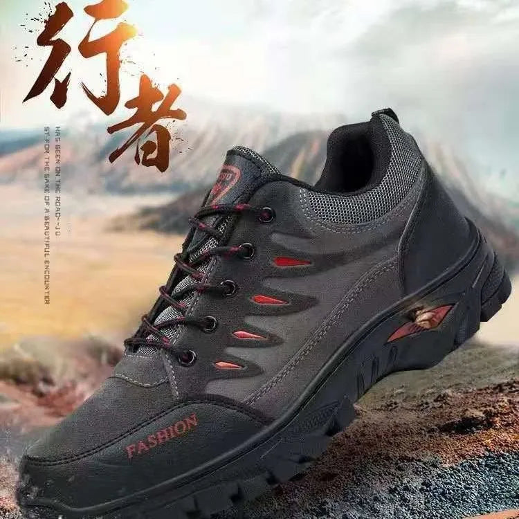 Men's brown suede hiking shoes with round toe and lace-up front