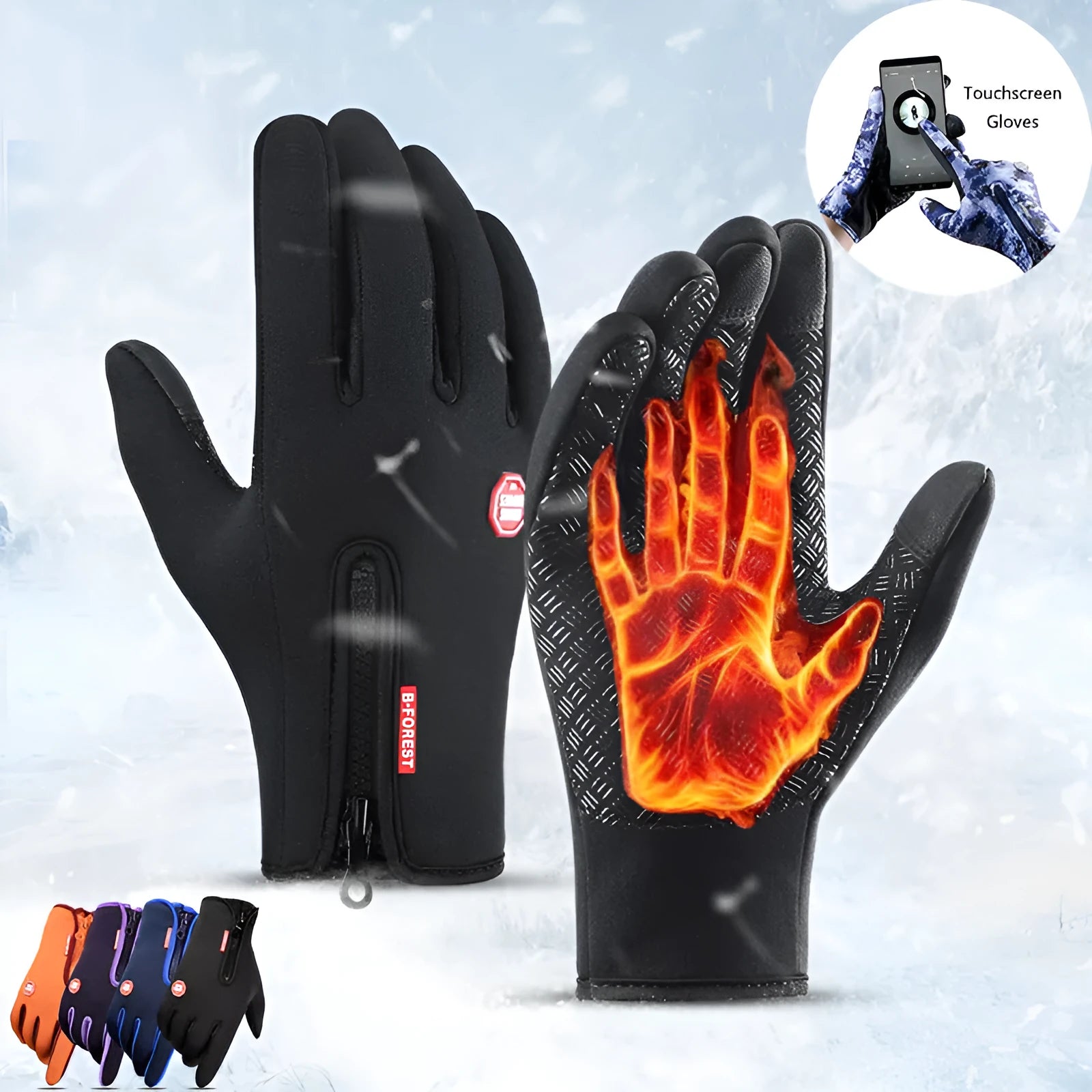 Winter touch screen motorcycle gloves with fleece lining in black and blue colours