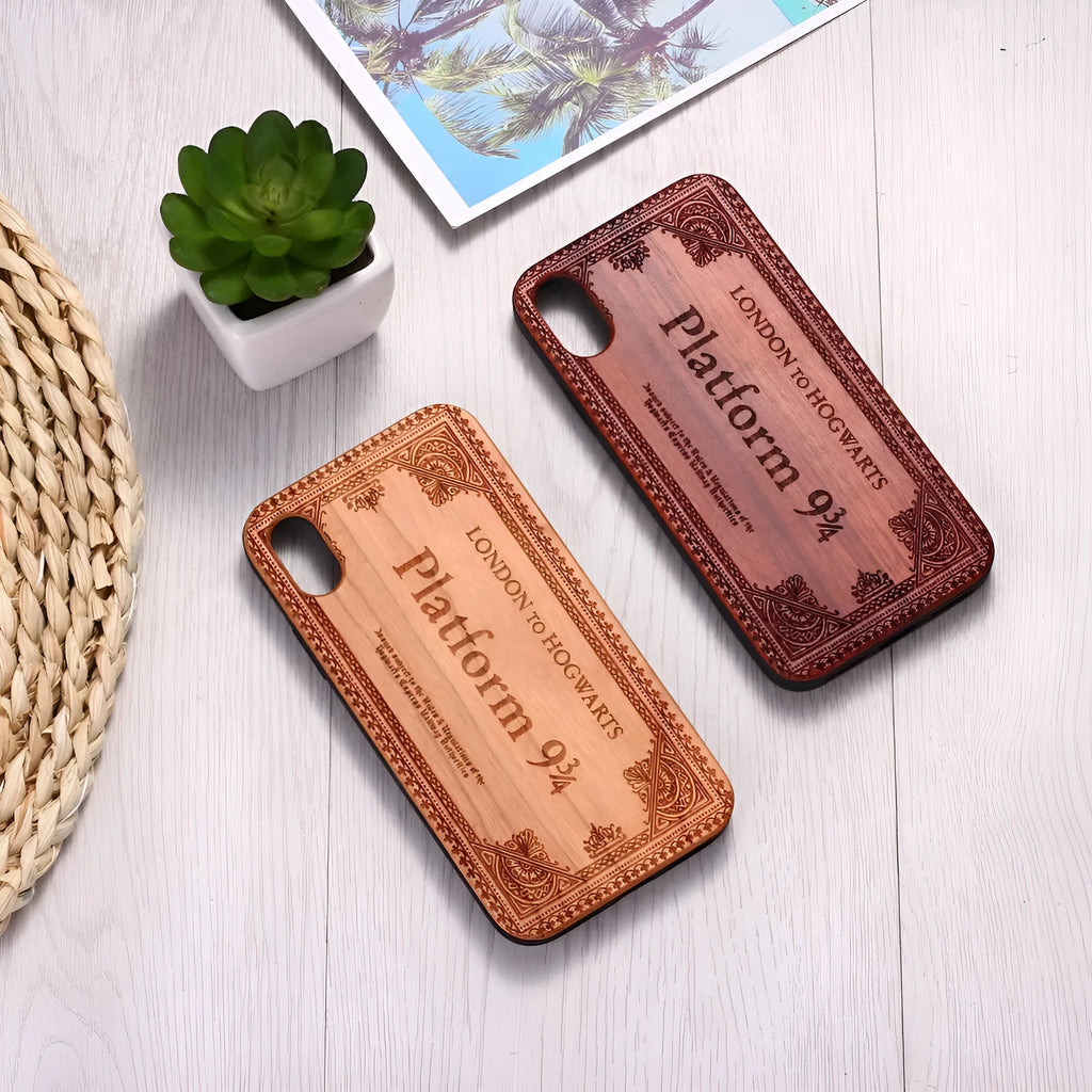 Laser-carved wooden back cover iPhone case with TPU frame showing detailed pattern.