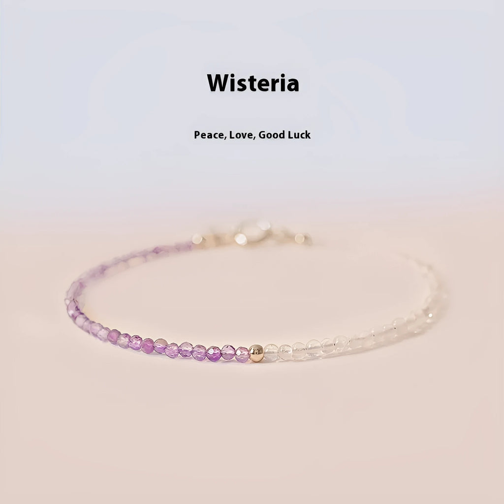 Close-up of a purple geometric rattan crystal bracelet with 2mm thickness and cut facets.