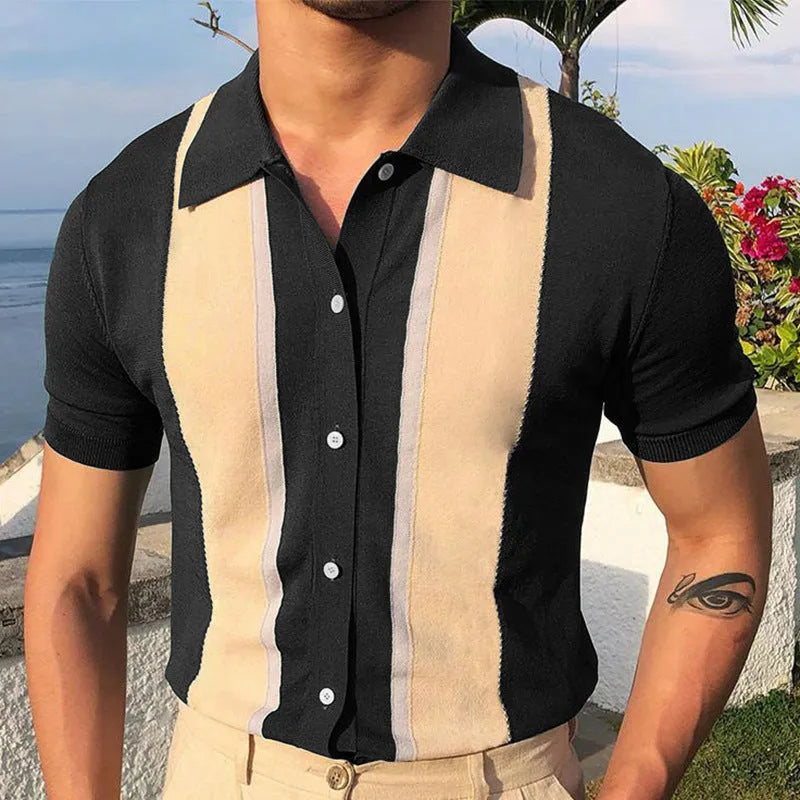 Men's lapel collar contrast colour knit short sleeve POLO shirt in black and green