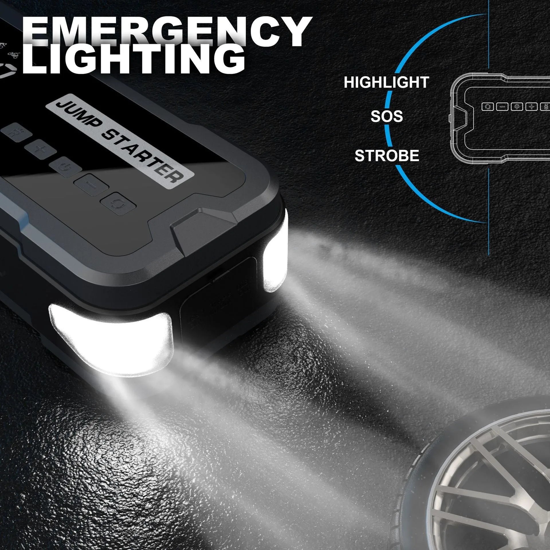 CY53 model black automotive jump starter power bank with built-in air compressor, LCD screen, and LED lights