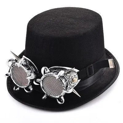 Black steampunk top hat with rivet glasses detail, made from wool and felt