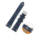 Genuine suede leather watch strap in Army Green, shown alongside brown, blue, and grey options for 20mm and 22mm watches.