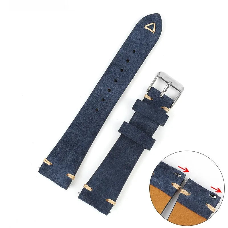 Genuine suede leather watch strap in Army Green, shown alongside brown, blue, and grey options for 20mm and 22mm watches.